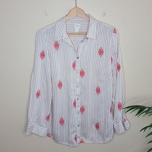 Chico's | Tan White Striped Button Down Shirt with Red Embroidery